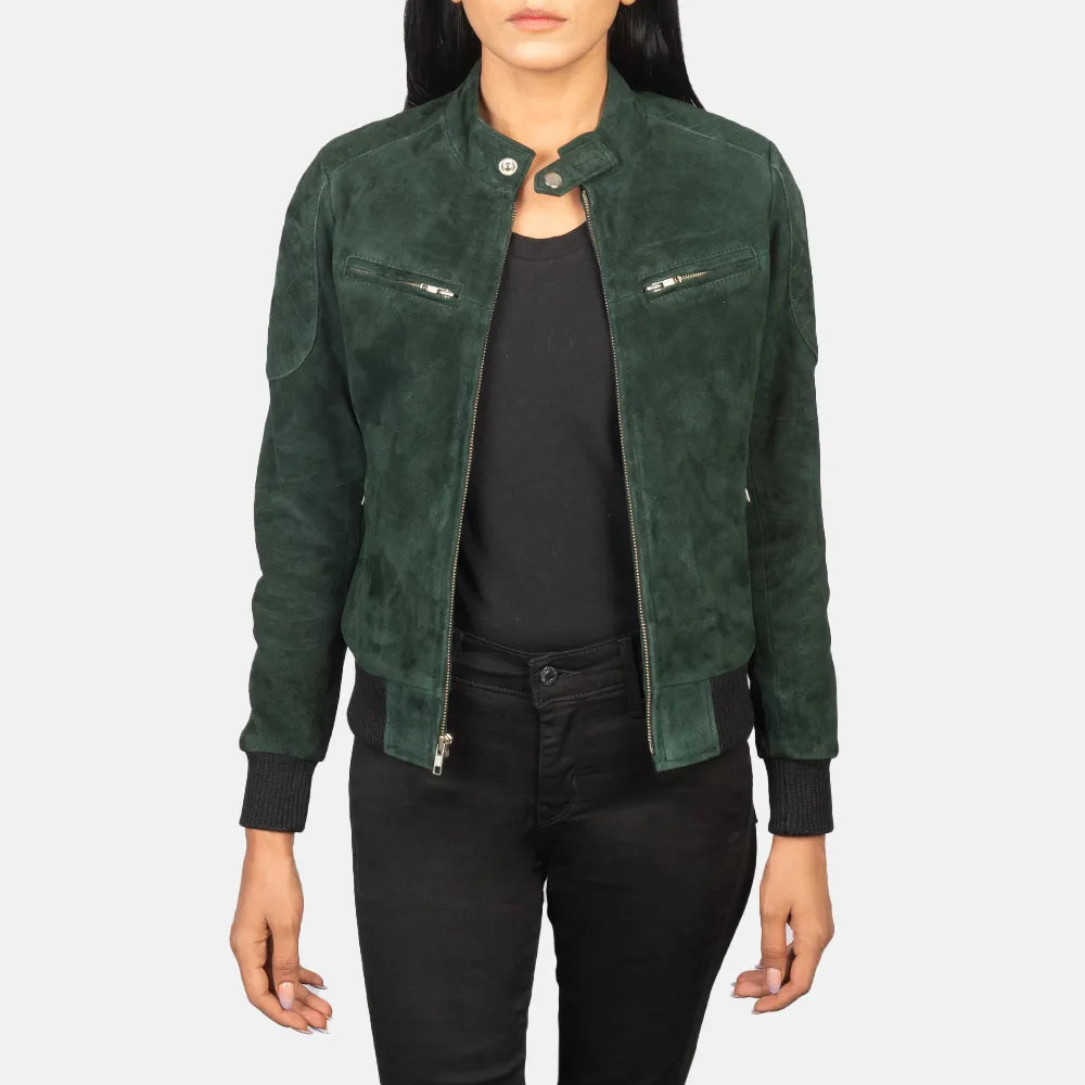 Suede Green Jacket Ladies - Band with Snap Button Collar