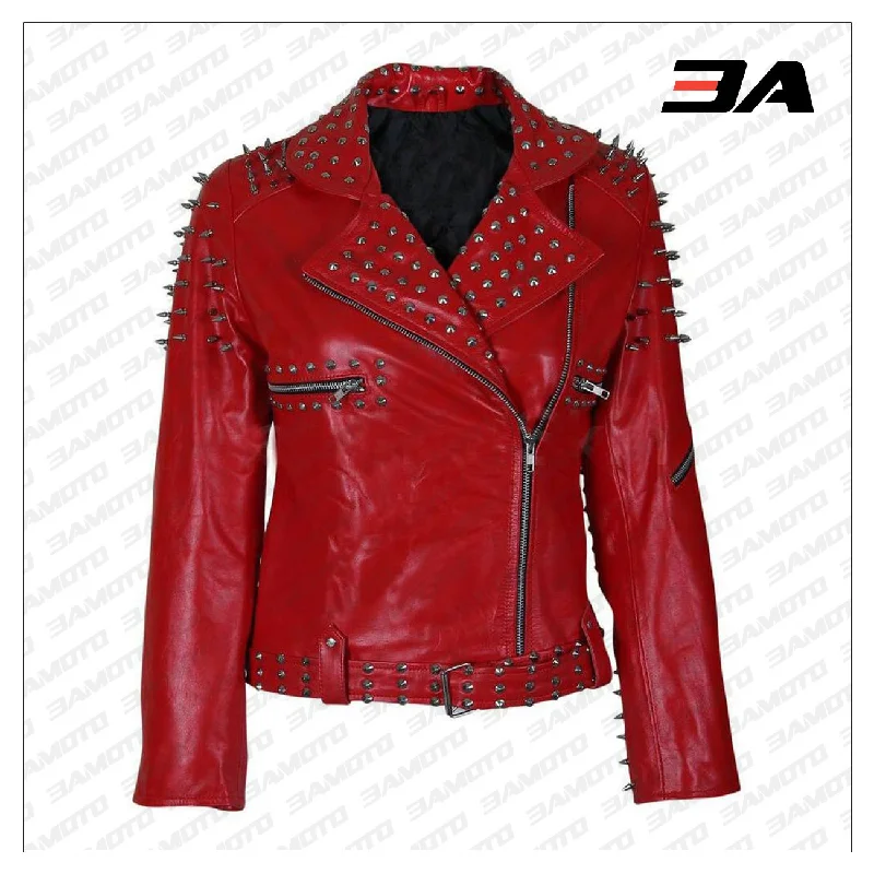 Handmade Womens Red Fashion Studded Punk Style Leather Jacket