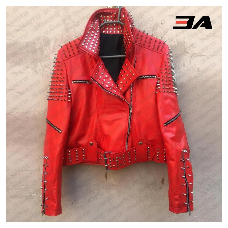 Handmade Women's Red Fashion Studded Punk Style Leather Jacket