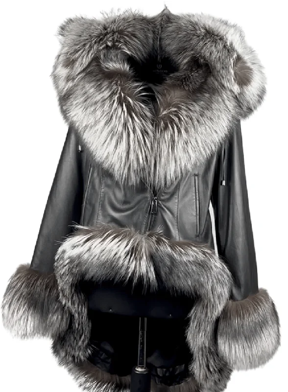 High & Low Women Leather Coat with Silver Fox Trim Style # 1002