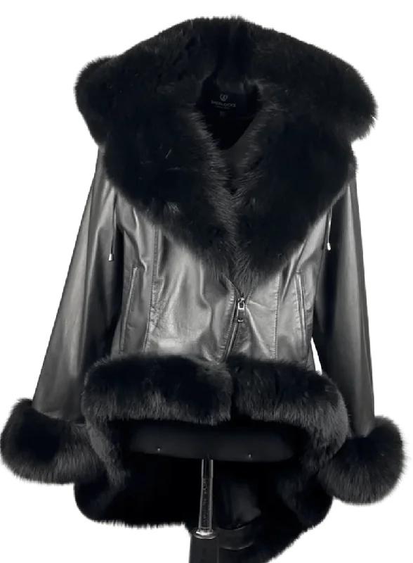 High & Low Women's Black  Leather Coat with Fox Trim Style # 1002