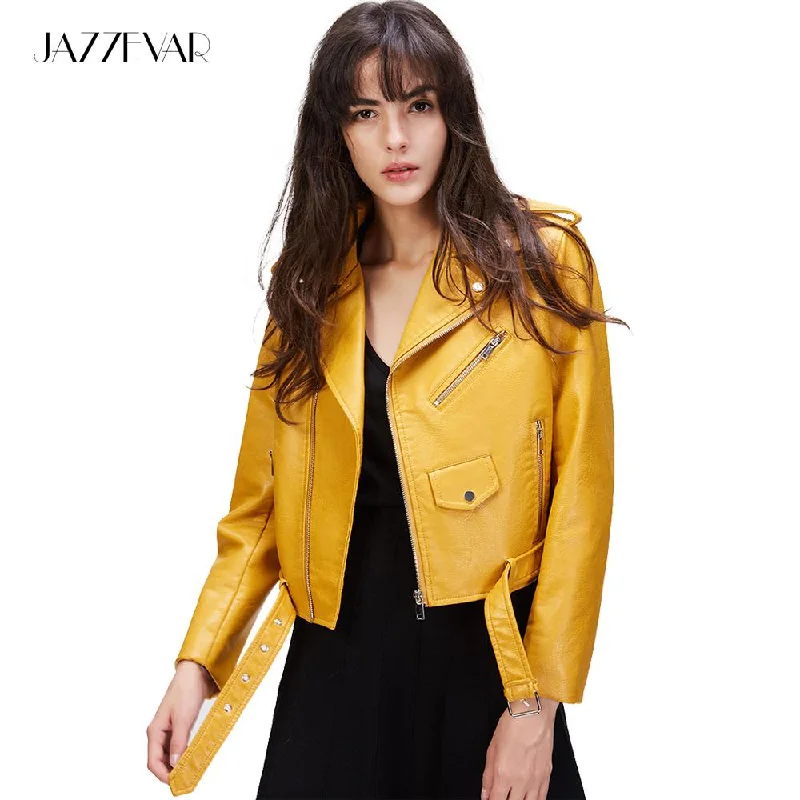 JAZZEVAR New Autumn Fashion Street Women's Short Washed PU Leather Jacket