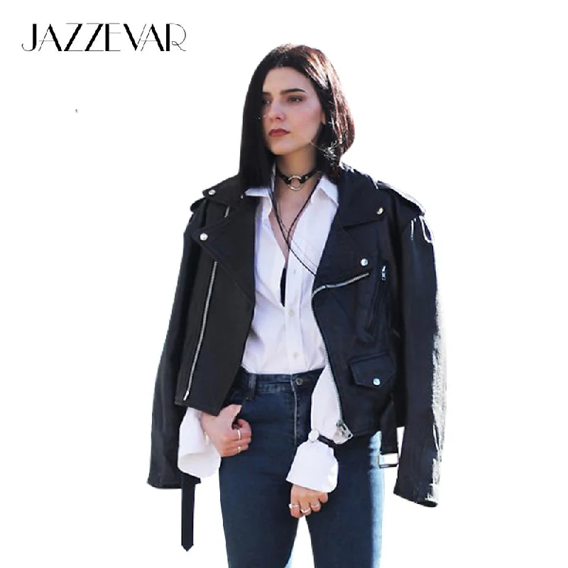 Jazzevar New Autumn High Fashion Street Women's Short Washed PU Leather Jacket