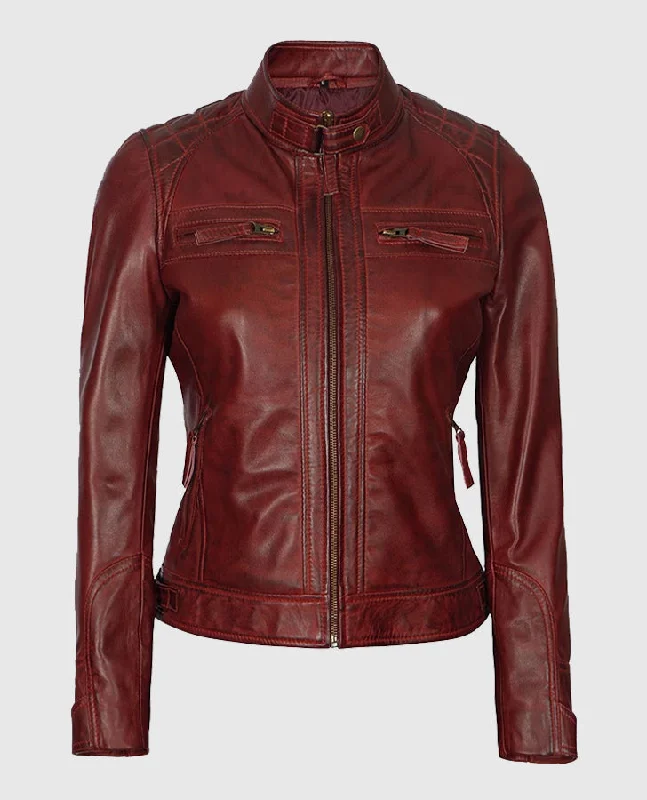 Johnson Women's Brown Quilted Cafe Racer Genuine Leather Jacket