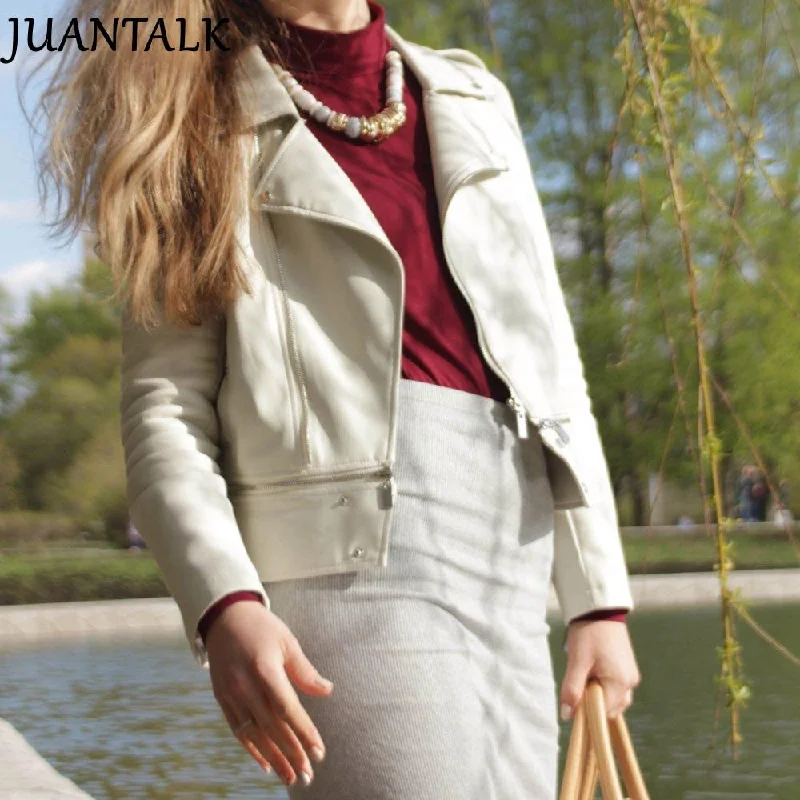 JUANTALK Fashion Spring Autumn Women Soft Faux Washed Leather Jacket