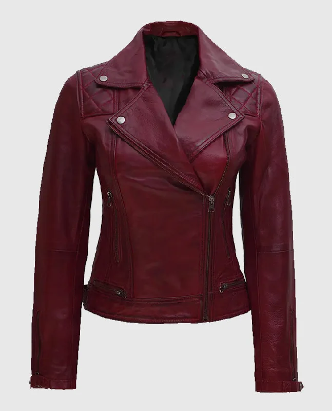 Kimberley Quilted Leather Motorcycle Maroon Jacket for Women