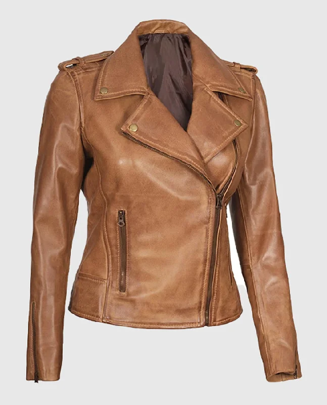Kirsten Women's Asymmetrical Camel Brown Real Leather Jacket
