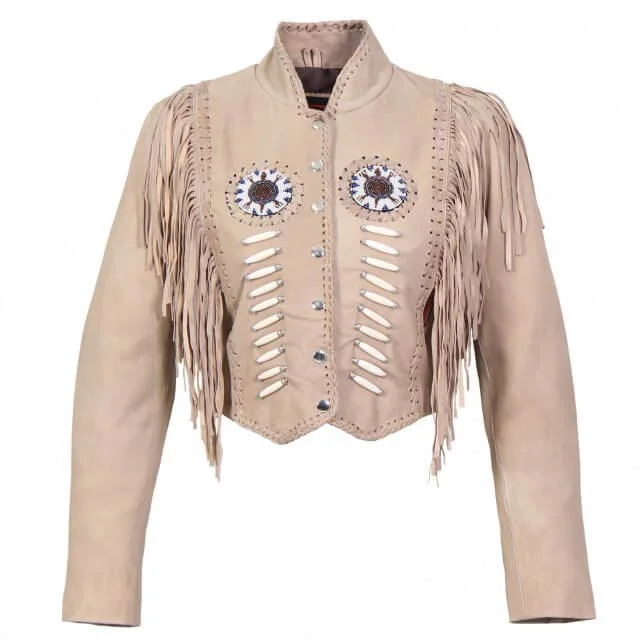 Ladies Bone and Bead Fringe Leather Jacket