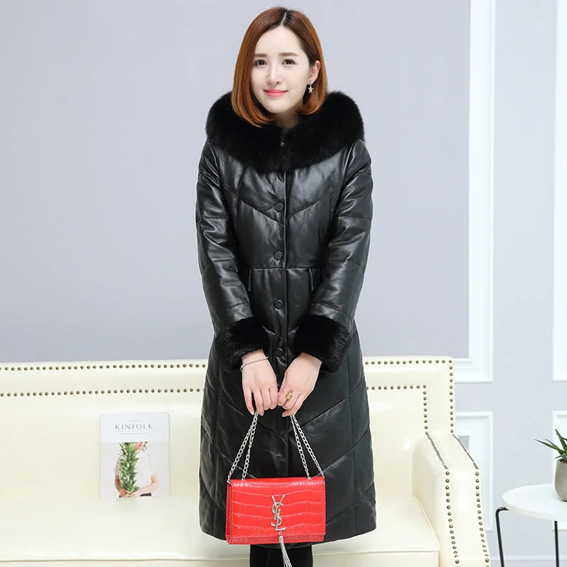 Leather suede women winter thick warm genuine sheepskin coat leather jacket natural fox fur hood long design New Phoenix 0929B Leather suede women winter thick warm genuine sheepskin coat leather jacket natural fox fur hood long design New Phoenix 0929B
