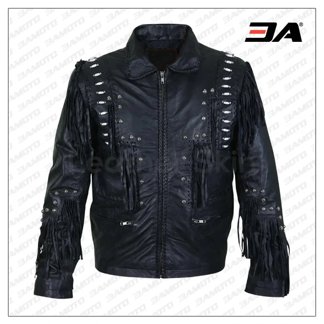Men Black Fringes White Beads Leather Jacket With Round Studs