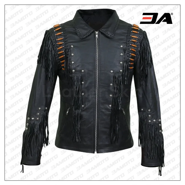 Men Black Western Fringes With Roundhead Studs And Brown Beads