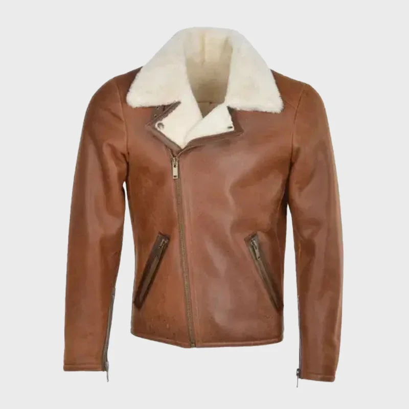 Men’s Tan Side Zip Biker Sheepskin Pilot Jacket