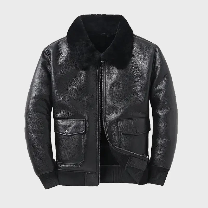 Mens Black Aviator Shearling Sheepskin Bomber Jacket