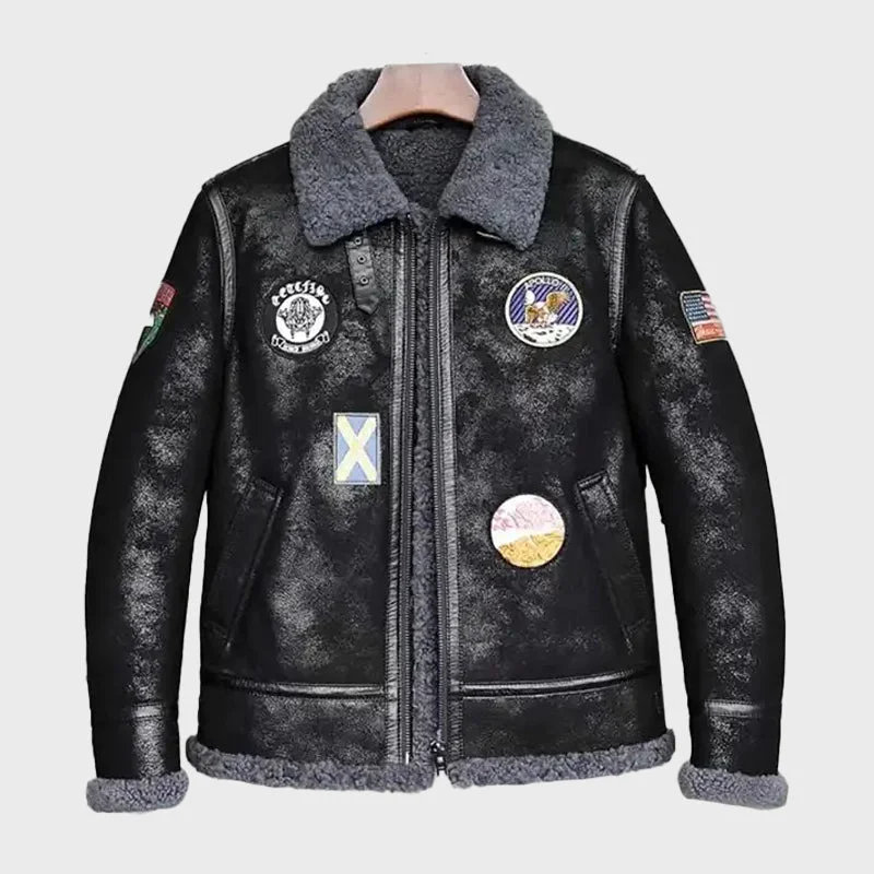 Mens Black Aviator Sheepskin Bomber Shearling Jacket