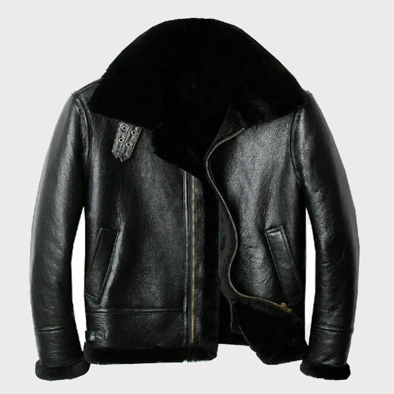 Men's Black B-3 Artificial Fur Bomber Leather Jacket