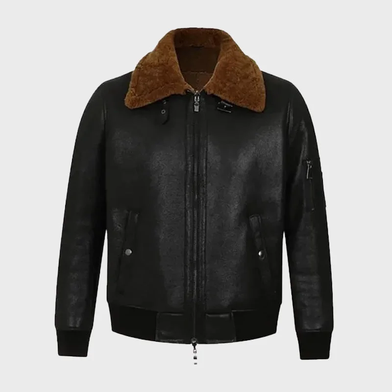 Mens Black Bomber Aviator Shearling Jacket