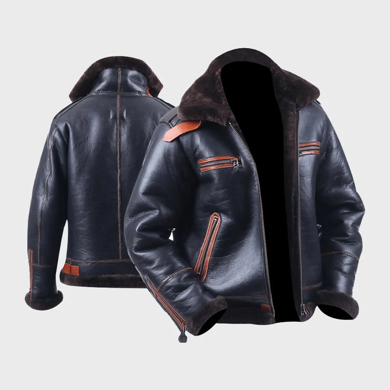 Men's Black Sheepskin Leather Shearling Bomber Jacket