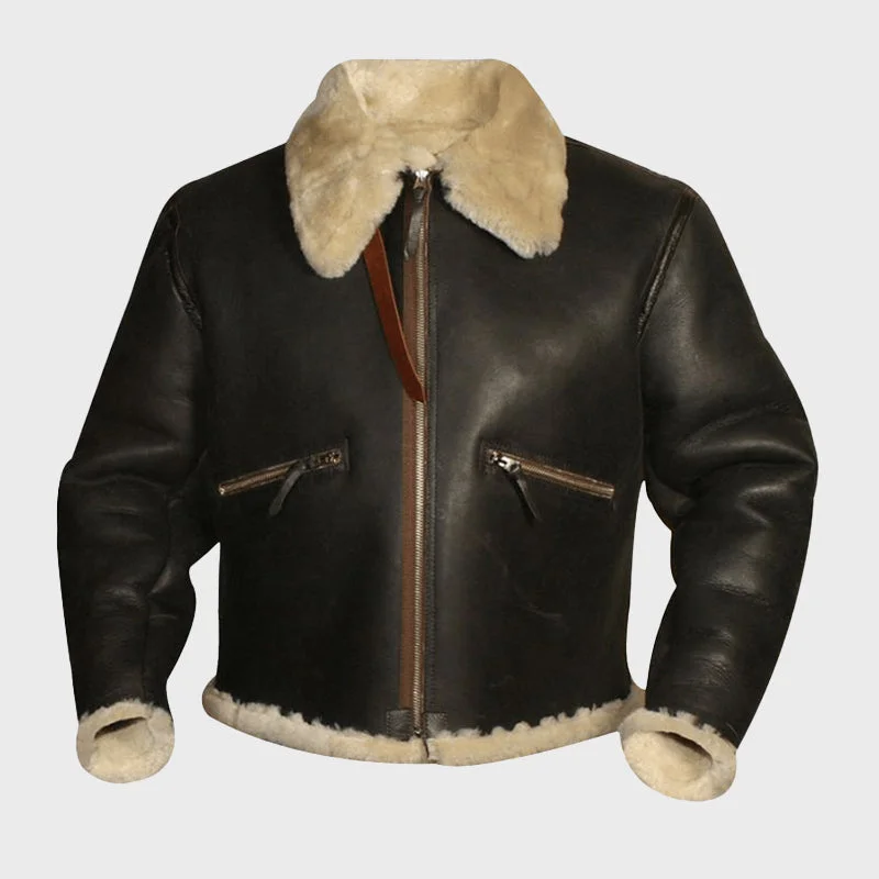 Men's Bomber Jacket Dark Brown Sheepskin Leather Jacket