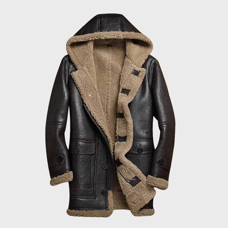 Men's Black Shearling Sheepskin Leather Jacket With Hood