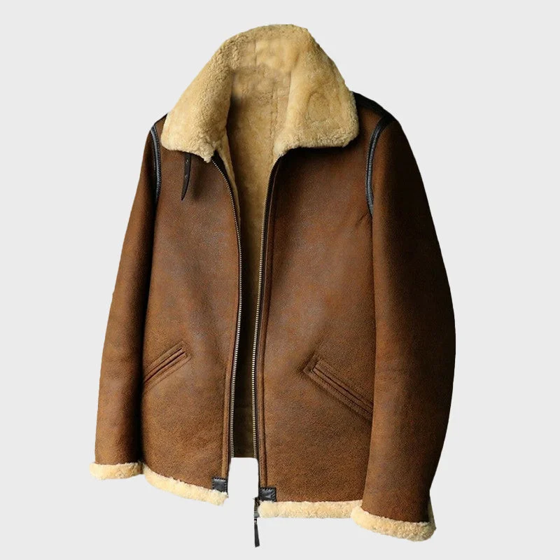Men's Brown Artificial Fur B-3 Bomber Leather Jacket
