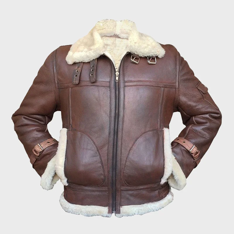 Men's Brown Bomber B-3 Sheepskin Leather Shearling Jacket