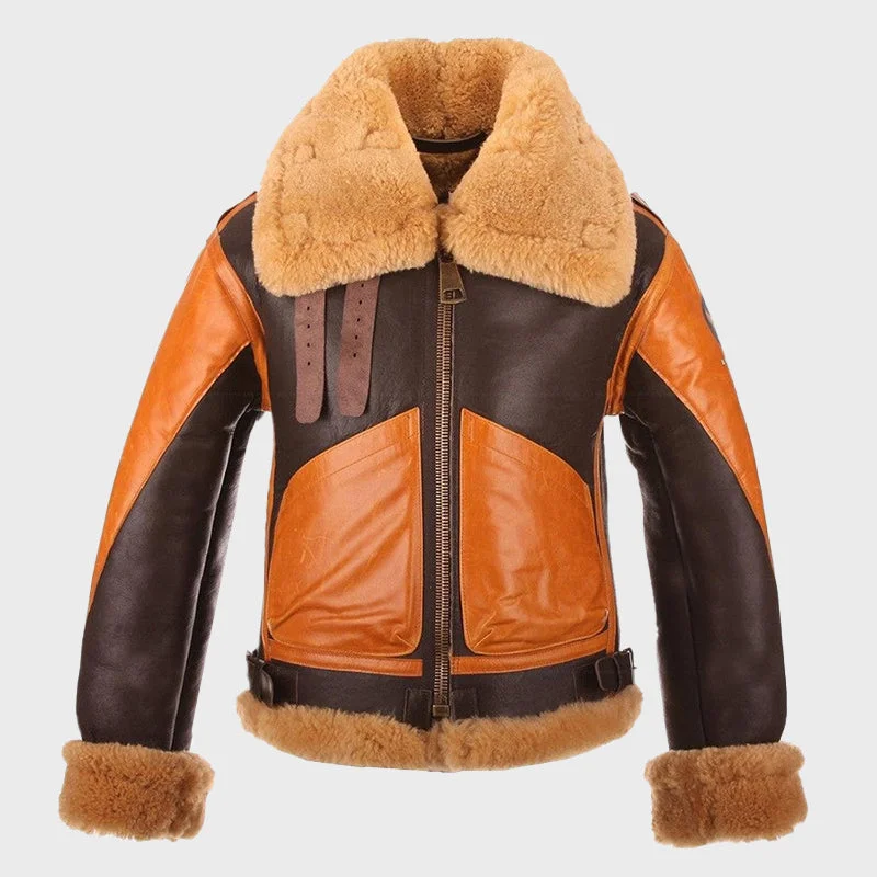 Men's Brown Orange B-3 Shearling Sheepskin Leather Jacket