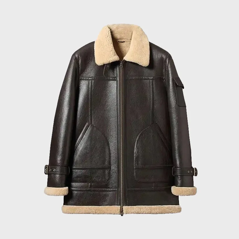 Mens Brown Sheepskin Shearling Long Jacket