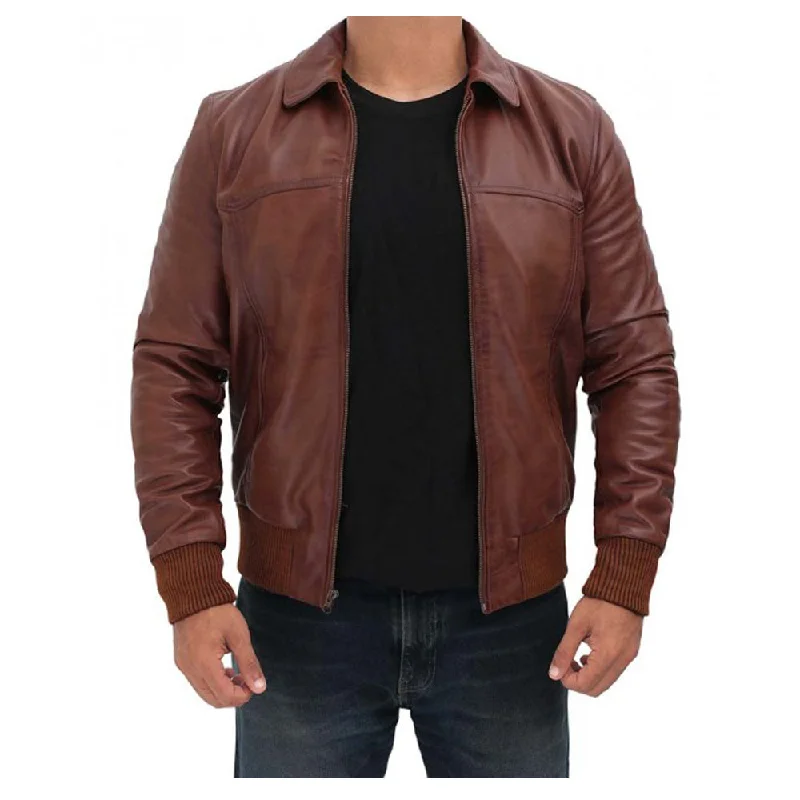 Mens Dark Brown Bomber Distressed Leather Jacket