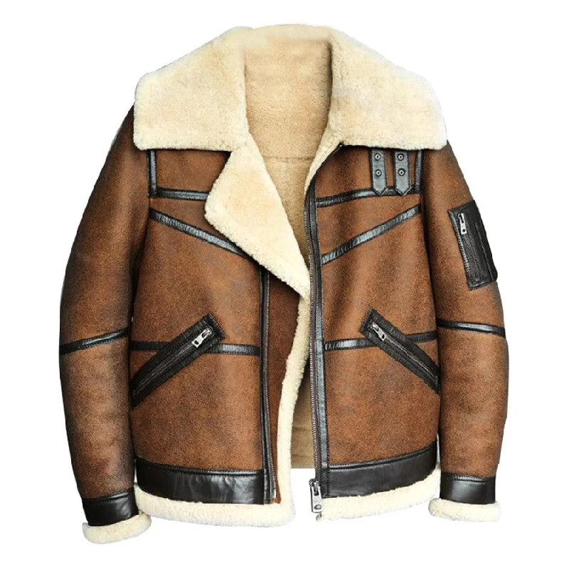 Men's Distressed Brown Shearling Sheepskin Leather Bomber Jacket