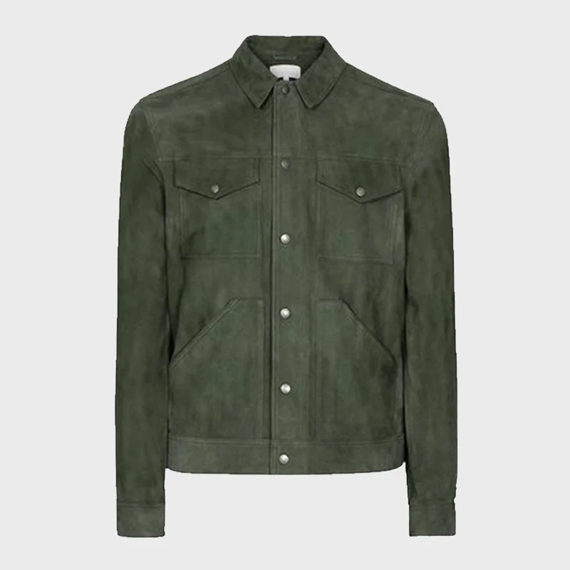 Men's Green Suede Leather Trucker Over-Shirt