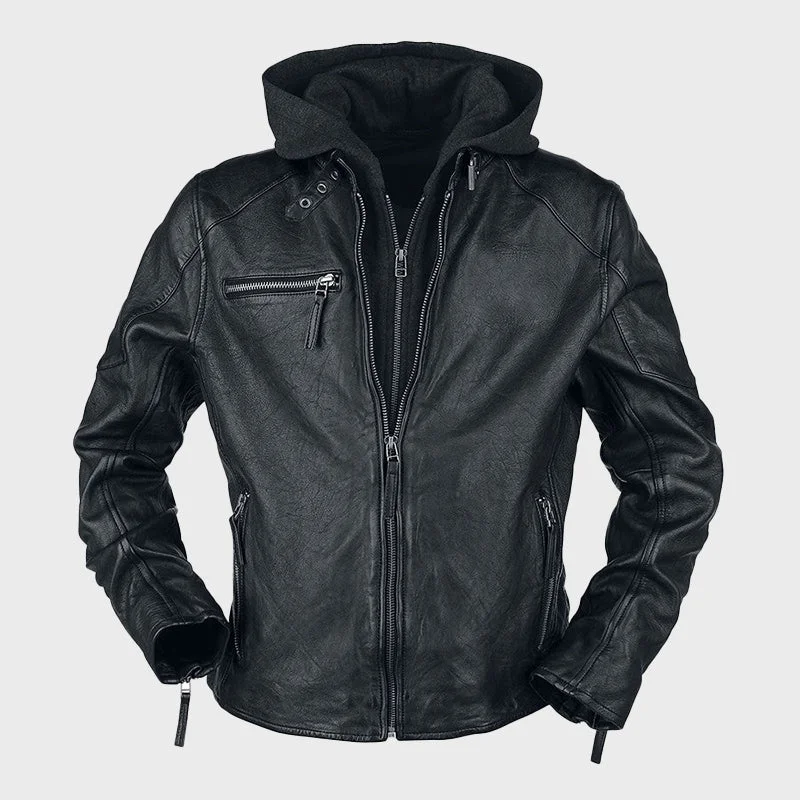 Men's Black Hooded Biker Leather Jacket