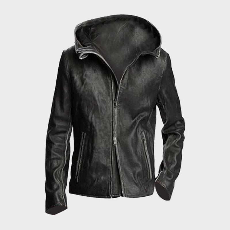 Men's Limited Edition Black Leather Hooded Jacket