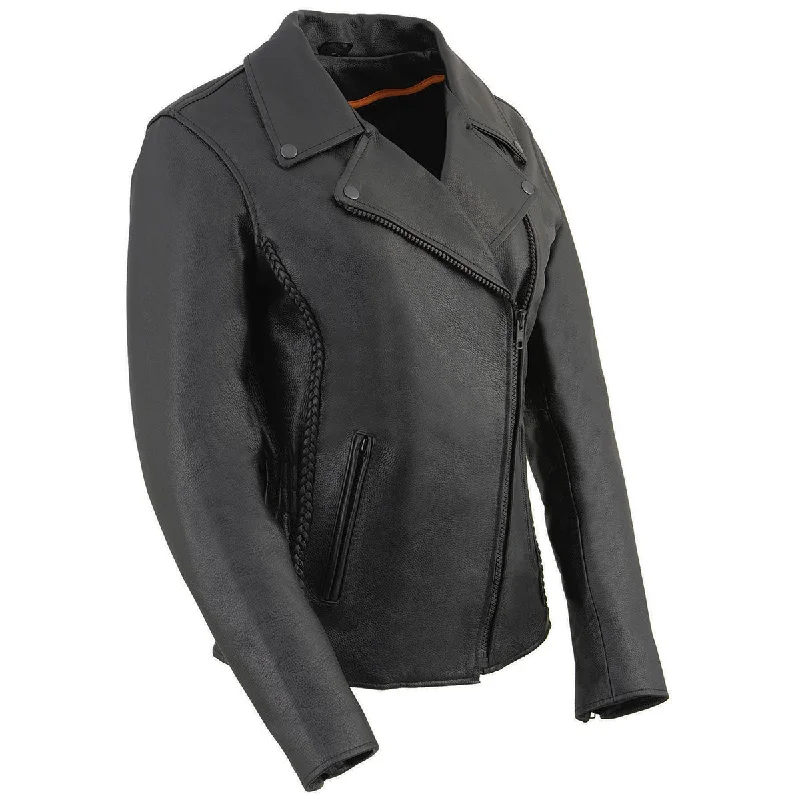Milwaukee Leather LKL2711 Women's Braided Black Leather Motorcycle Rider Jacket w/ Studded Back Milwaukee Leather LKL2711 Women's Braided Black Leather Motorcycle Rider Jacket w/ Studded Back