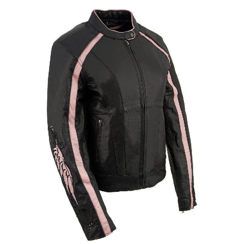 Milwaukee Leather ML1952 Women's Black and Pink Embroidered and Stud Design Scooter Jacket Milwaukee Leather ML1952 Women's Black and Pink Embroidered and Stud Design Scooter Jacket