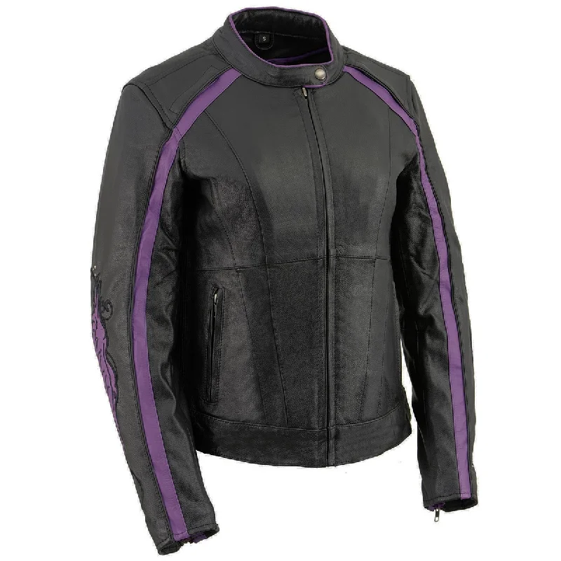 Milwaukee Leather ML1952 Women's Black and Purple Embroidered and Stud Design Scooter Jacket Milwaukee Leather ML1952 Women's Black and Purple Embroidered and Stud Design Scooter Jacket