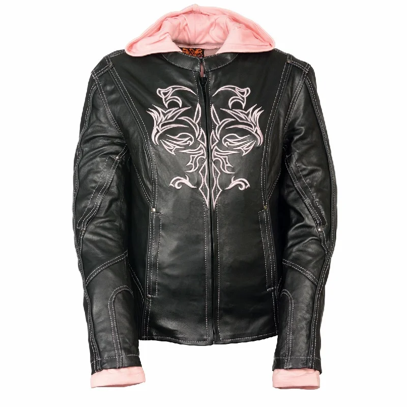 Milwaukee Leather ML2066 Women's 3/4 Black and Pink Leather Hoodie Jacket with Reflective Tribal Design Milwaukee Leather ML2066 Women's 3/4 Black and Pink Leather Hoodie Jacket with Reflective Tribal Design