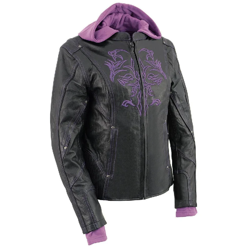 Milwaukee Leather ML2067 Women's 3/4 Black and Purple Leather Hoodie Jacket with Reflective Tribal Design Milwaukee Leather ML2067 Women's 3/4 Black and Purple Leather Hoodie Jacket with Reflective Tribal Design