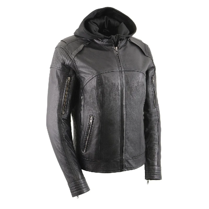 Milwaukee Leather Women's Vented Racer Leather Jacket with Removable Hoodie MLL2501 Milwaukee Leather Women's Vented Racer Leather Jacket with Removable Hoodie MLL2501