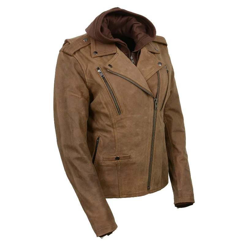 Milwaukee Leather MLL2511 Women's 'Damsel' Vintage Crazy Horse Brown Leather Jacket w/ Removable Hoodie Milwaukee Leather MLL2511 Women's 'Damsel' Vintage Crazy Horse Brown Leather Jacket w/ Removable Hoodie