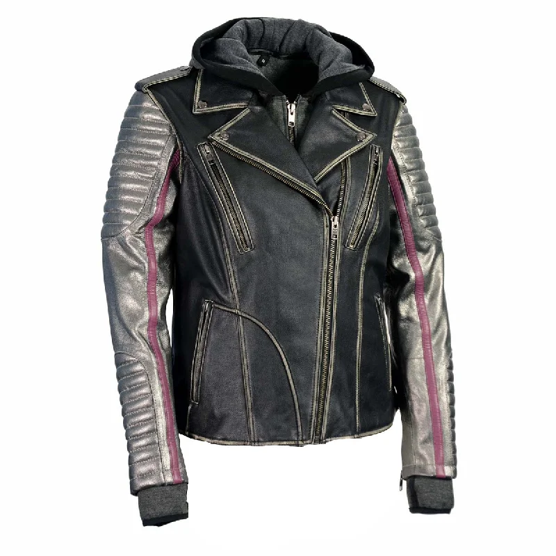 Milwaukee Leather MLL2515 Women's Black 'Hooded' Leather Rub-Off Jacket with Silver Sleeves Milwaukee Leather MLL2515 Women's Black 'Hooded' Leather Rub-Off Jacket with Silver Sleeves