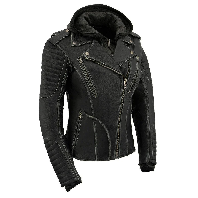 Milwaukee Leather MLL2516 Black Leather Rub-Off Leather Jacket with Hoodie for Women Milwaukee Leather MLL2516 Black Leather Rub-Off Leather Jacket with Hoodie for Women