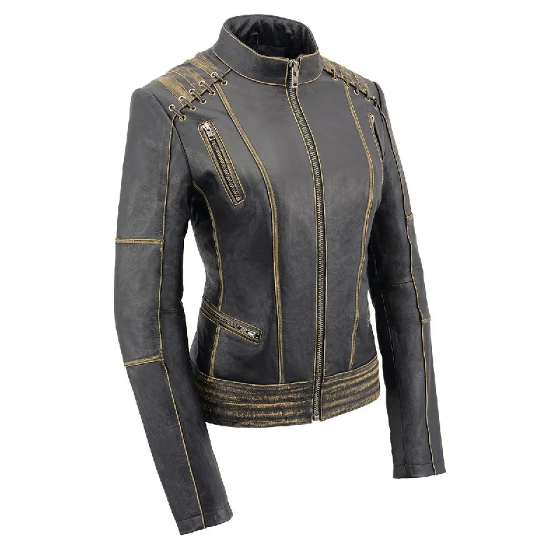 Milwaukee Leather MLL2527 Women's 'Elegant' Distressed Brown Detail Laced Leather Jacket Milwaukee Leather MLL2527 Women's 'Elegant' Distressed Brown Detail Laced Leather Jacket