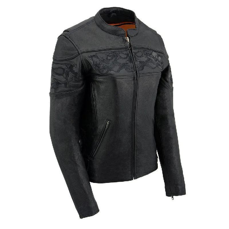 Milwaukee Leather MLL2540 Women's Crossover Black Leather Scooter Jacket Reflective Skull Graphic Milwaukee Leather MLL2540 Women's Crossover Black Leather Scooter Jacket Reflective Skull Graphic