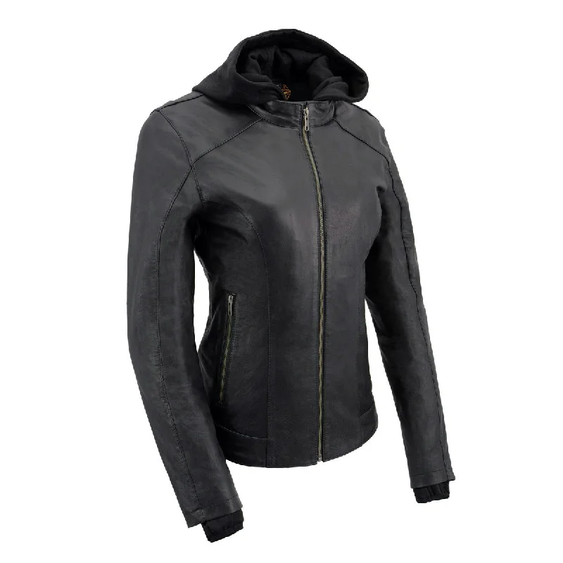 Milwaukee Leather MLL2545 Women's Lightweight Black Leather Jacket with Removable Hoodie Milwaukee Leather MLL2545 Women's Lightweight Black Leather Jacket with Removable Hoodie