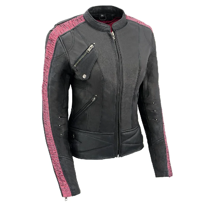 Milwaukee Leather MLL2571 Womens Black and Pink 'Crinkled Arm' Lightweight Racer Jacket Milwaukee Leather MLL2571 Womens Black and Pink 'Crinkled Arm' Lightweight Racer Jacket