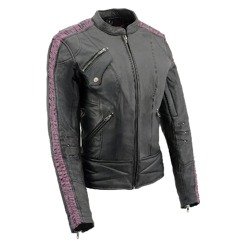 Milwaukee Leather MLL2571 Ladies Black and Purple 'Crinkled Arm' Lightweight Racer Jacket Milwaukee Leather MLL2571 Ladies Black and Purple 'Crinkled Arm' Lightweight Racer Jacket