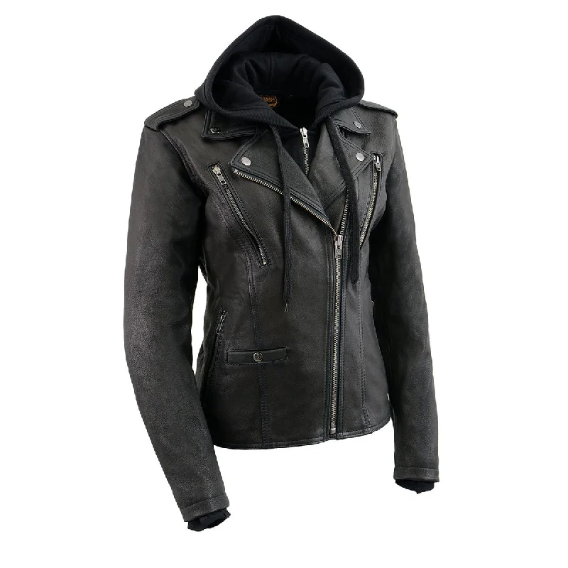 Milwaukee Leather MLL2575 Women's Black Leather Vented Motorcycle Jacket w/ Removable Hoodie Milwaukee Leather MLL2575 Women's Black Leather Vented Motorcycle Jacket w/ Removable Hoodie