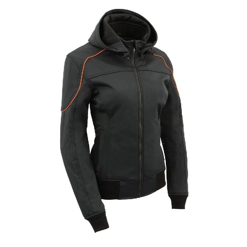 Milwaukee Leather MPL2764 Women's Black Soft Shell Armored Motorcycle Racing Style Jacket with Hoodie Milwaukee Leather MPL2764 Women's Black Soft Shell Armored Motorcycle Racing Style Jacket with Hoodie