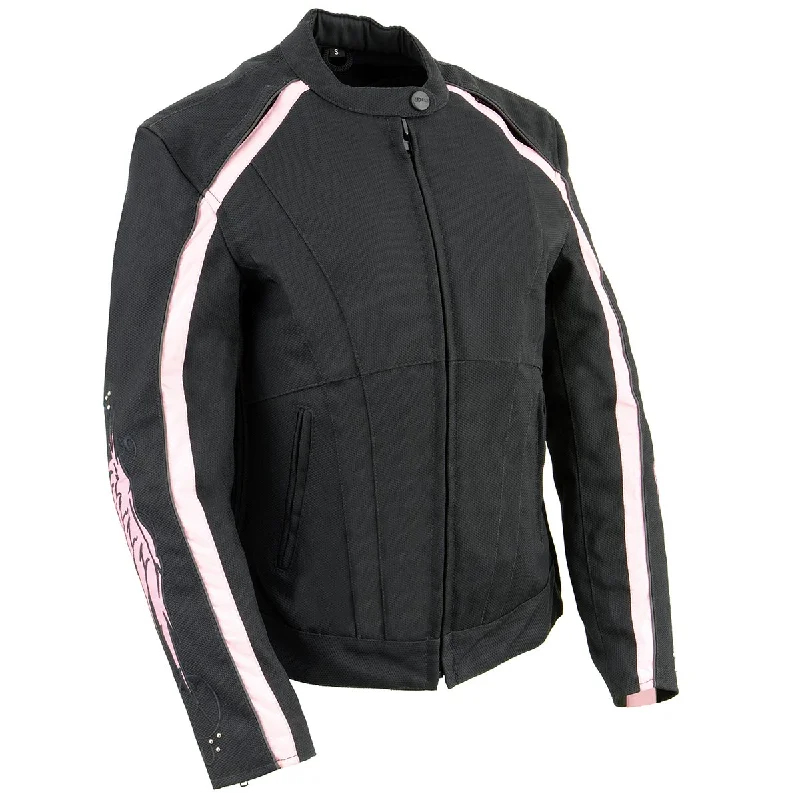 Milwaukee Leather SH1954 Women's Black and Pink Textile Jacket with Stud and Wings Detailing Milwaukee Leather SH1954 Women's Black and Pink Textile Jacket with Stud and Wings Detailing