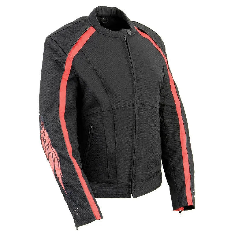 Milwaukee Leather SH1954 Women's Black and Red Textile Jacket with Stud and Wings Detailing Milwaukee Leather SH1954 Women's Black and Red Textile Jacket with Stud and Wings Detailing